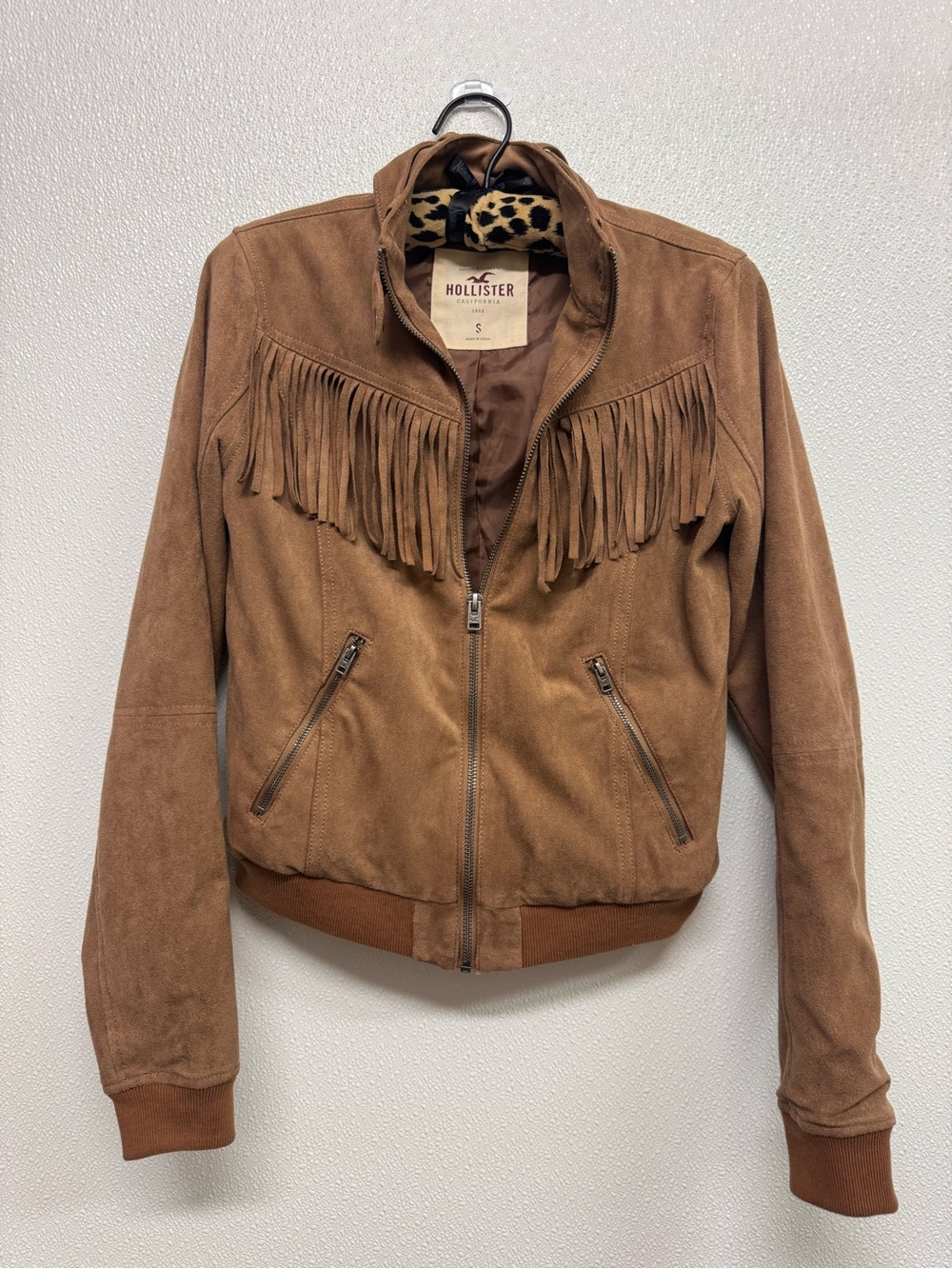 Hollister Brown Faux Suede Fringe Bomber Jacket Sz S